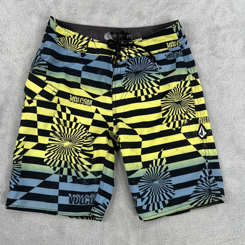 Volcom Mod-Tech Board Shorts 27 Yellow Blue Geometric Surf Swim Trunks Womens